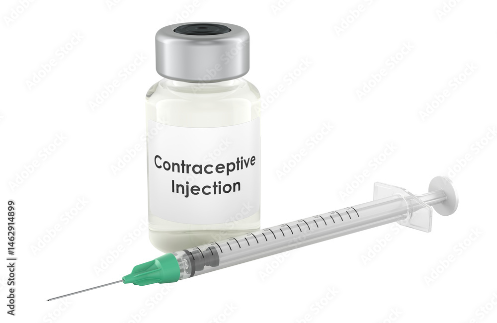 Poster contraceptive injection, vial and syringe. 3d rendering isolated on transparent background
