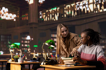 Young adult wakes up black student in the university library after falling asleep on her pile of books and study materials. Pupil feeling tired with burnout, learning all night for exams.