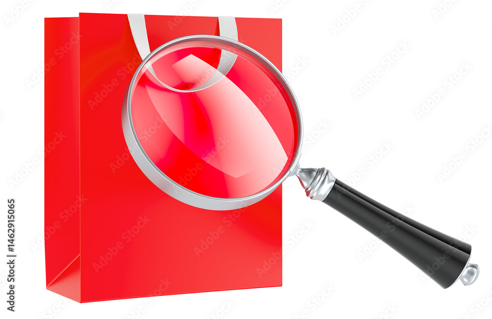 Poster shopping bag with loupe. 3d rendering isolated on transparent background