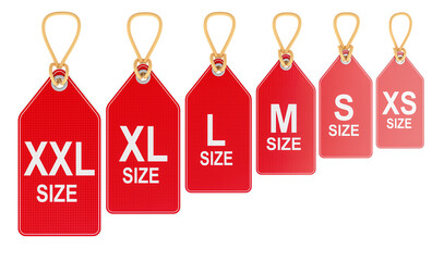 Red Sale Tags with different clothing size XS, S, M, L, XL and XXL, 3D rendering isolated on transparent background
