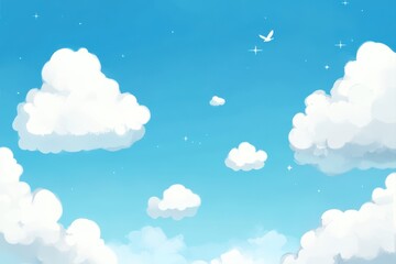 Fluffy white clouds scattered across a vibrant blue sky.  Stars twinkle faintly. A bird soars by