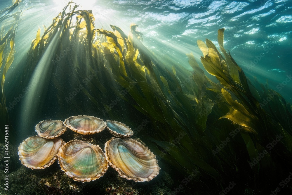 Poster sunbeams illuminate a kelp forest, where vibrant scallops rest on the seabed.