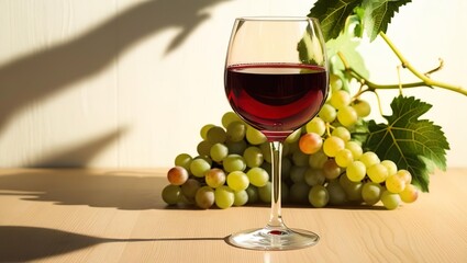 Glass of red wine on the background of a bunch of white grapes, wine style, light background with space for text, business theme