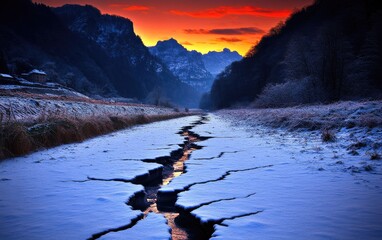 Frozen river valley at sunrise.  A narrow frozen stream winds through a valley blanketed in snow and frost, 