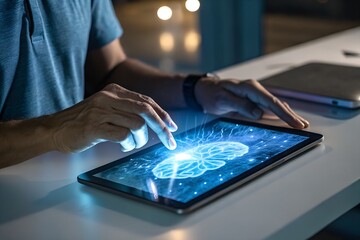 Businessman holding tablet displaying hologram of an artificial intelligence brain. Machine learning, Future digital transformation, Smart business solutions powered by innovation.
