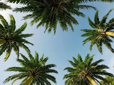 Crowns of green tropical palm trees around the perimeter, view from below, blue sky