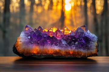 Amethyst geode cluster glows at sunset, showcasing vibrant purple crystals against a blurred forest backdrop.