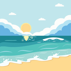 Tropical beautiful landscape of seashore beach and sea with waves on sunny day. Vector illustration in vector cartoon style