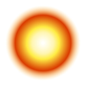 Sun bright orb on transparent background emits a powerful white center diffusing into yellow and then a warm orange perimeter resembling a light reflection for artistic use