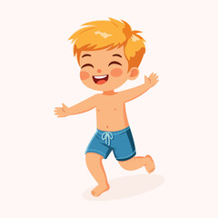 Cute and happy boy running in bathing suits on white background. Poster, Banner, Flyer, Summer time. Vector illustration in flat cartoon style