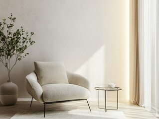 A cozy armchair with a plant and side table in a bright and minimalist interior space