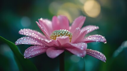 Fototapeta premium Delicate pink flower glistening with water droplets in soft morning light