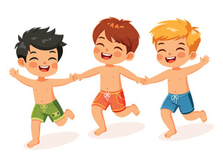 Happy children of different nationalities running holding hands in bathing suits on white background. Poster, Banner, Flyer, Summer time. Vector illustration in flat cartoon style