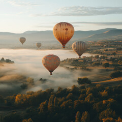 Obraz premium Hot air balloons float gracefully over the valley during the early morning.