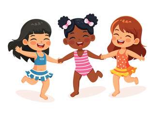 Happy children of different nationalities running holding hands in bathing suits on white background. Poster, Banner, Flyer, Summer time. Vector illustration in flat cartoon style