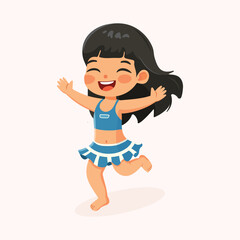 Fototapeta premium Cute and happy girl running in bathing suits on white background. Poster, Banner, Flyer, Summer time. Vector illustration in flat cartoon style