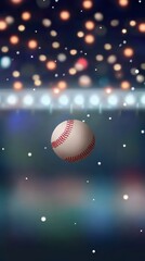 A baseball is in the air and is surrounded by a field of lights. Concept of excitement and anticipation for a game