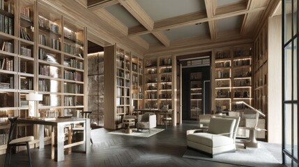 Luxury library with floor-to-ceiling wood shelves and inset lighting  
