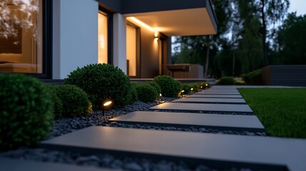 Obraz premium Sophisticated Modern Residence with Illuminated Garden Pathway at Twilight