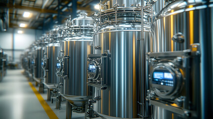 stainless steel bioreactors in an industrial setting, representing advanced biotechnology and industrial fermentation processes