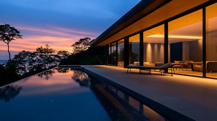 Fototapeta premium Sunset serenity, An elegant villa with infinity pool reflecting the twilight sky