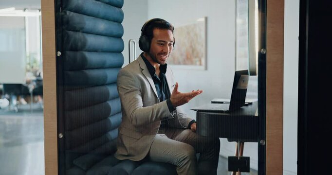 Video call, laptop and talking with business man at airport lounge for sound proof booth, online meeting or webinar. Discussion, virtual conference and growth with employee and headphones as speaker