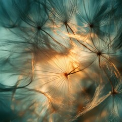 Close-up view of a dandelion seed head, bathed in sunlight.