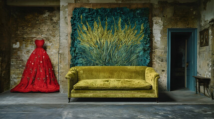 Red gown and olive sofa in derelict building interior, textile art backdrop; fashion, interior design