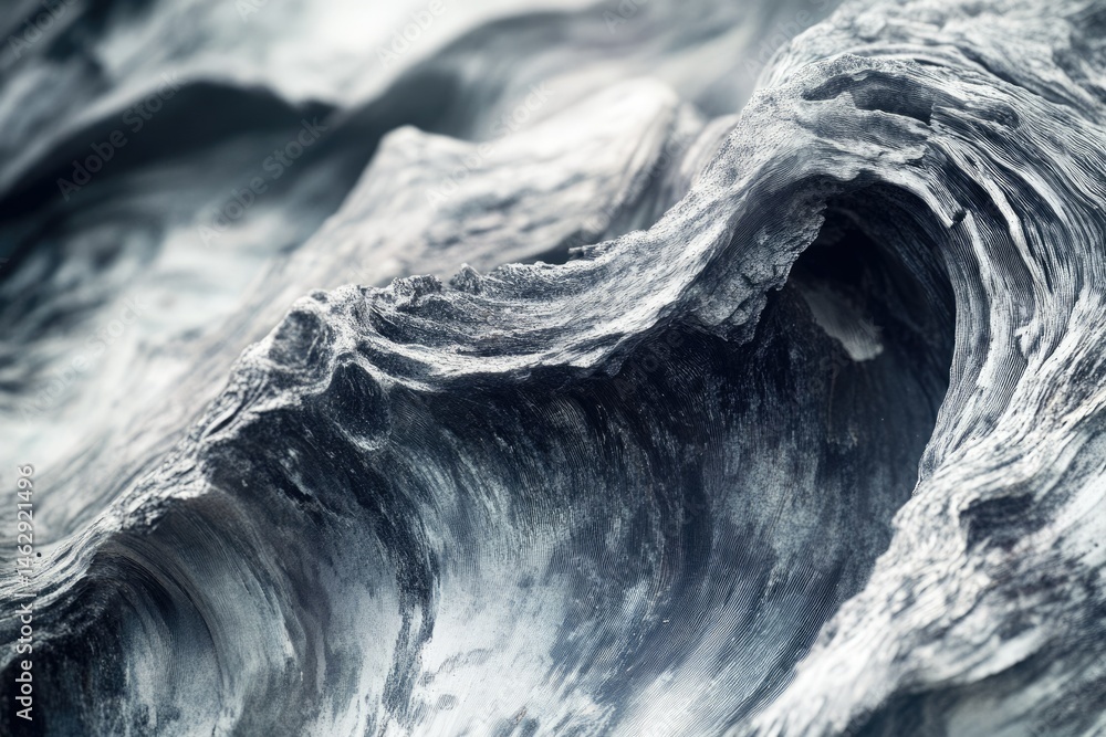 Poster close-up of weathered wood, showing intricate grain patterns and texture resembling ocean waves.
