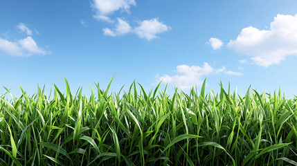 Obraz premium Lush green grass sways gently beneath a bright blue sky dotted with fluffy white clouds on a sunny day outdoors.