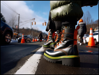 Urban Winter Streetwear: Stylish Boots on Patrol