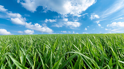 Obraz premium Lush green grass glistens under a bright blue sky filled with fluffy white clouds on a sunny summer day.