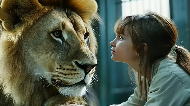 A girl connects with a regal lion, fostering understanding, wildlife conservation