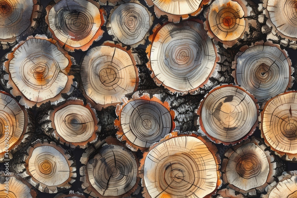 Poster Natural wood slices create a seamless pattern displaying organic textures and tones in a rustic setting