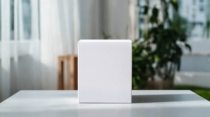 Fototapeta premium A plain white cardboard box sits on a white table in front of a bright window with soft natural light.