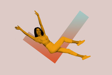 Contemporary artwork collage of happy girl sit checkmark icon project confirmation acceptance deal...