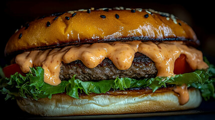 Closeup of Juicy Beef Burger with Spicy Orange Sauce and Sesame Bun