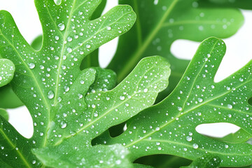 Closeup of Lush Green Leaves with Dew Drops