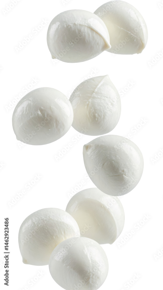 Poster multiple mozzarella balls falling on transparent background
