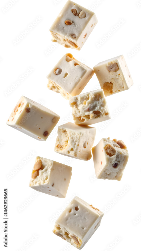 Poster sweet nougat cubes with nuts falling against a transparent background, creating a tempting visual