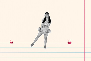 Trend template sketch design 3D photo collage of outdoors leisure hobby ride weekend young lady stand hold skateboard line page copybook