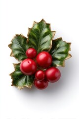 Holly Berry Brooch: Elegant Enamel and Gold Festive Design