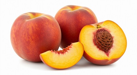 A group of peaches including whole fruit and a sliced peach with a visible pit isolated on white