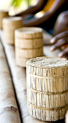 Obraz premium Artisans crafting bamboo containers, outdoor workshop, shallow depth of field, cultural heritage