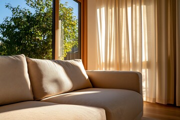 Fototapeta premium Sunlit serenity, Modern couch basking in warm, inviting light