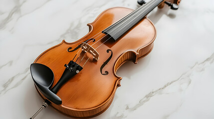Fototapeta premium Violin on marble surface, ready to play, elegant background, music practice