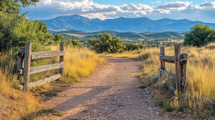 Fototapeta premium Open gate on path to mountains in a sunny valley for rural tourism