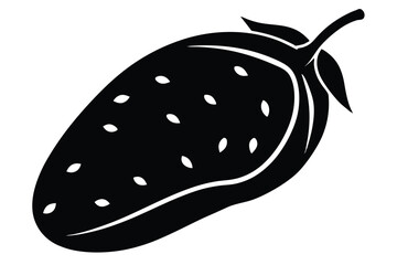 A silhouette reveals the strawberry with seeds, stem, and leaves distinctly outlined on the white background