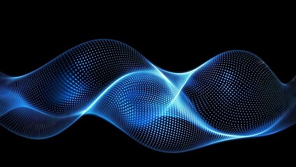 Abstract wave pattern of glowing blue dots on black background.  Detailed representation of a dynamic, flowing wave form constructed from numerous small, luminous points