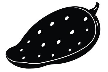 An isolated black silhouette of the mango is seen against a white background